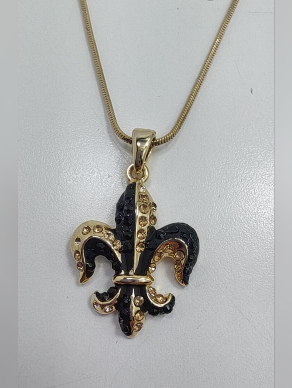 Fleurty Girl Fleur de Lis Necklace Black Gold Rhinestone Pendant 18"